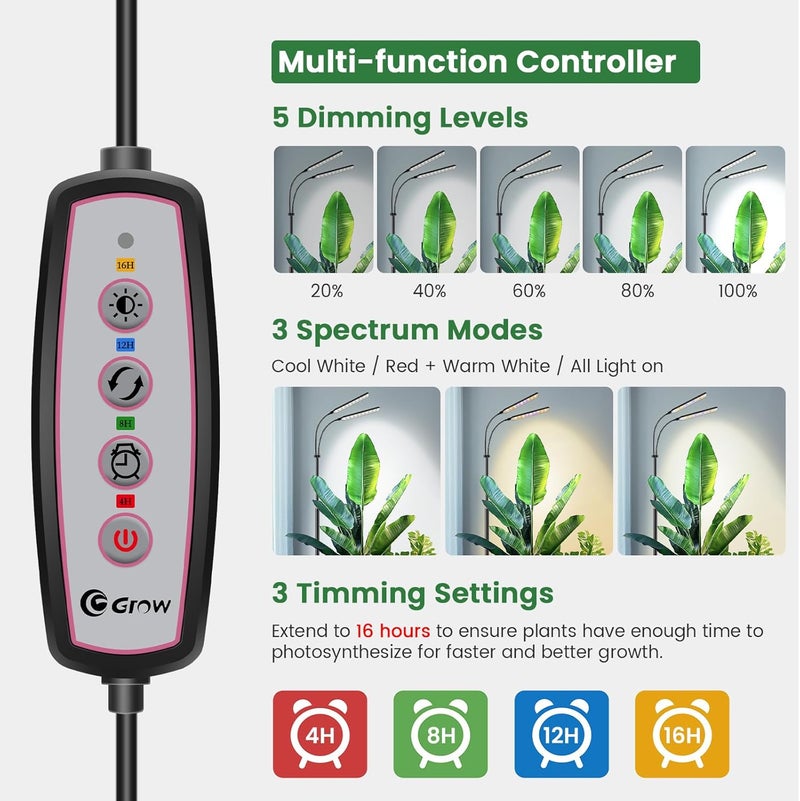 Kullsinss Black Floor Grow Lights for Indoor Plants, 2-Heads Full Spectrum LED Plant Grow Light with 4/8/12/16H Timer, 3 Color Modes, 24-68.7in Hight Adjustable Grow Lamp for Tall Large Indoor Plants - Image 5
